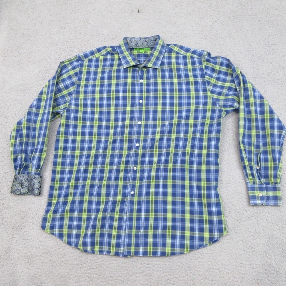 Bristol & Bull Shirt Men‎ XL Blue Green Check Flip Cuff Cotton Preppy Academia
